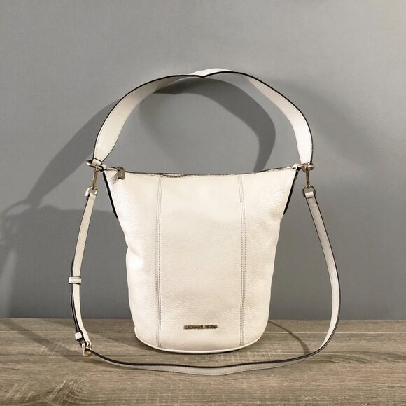 Michael Kors Brooke Medium White Leather Bucket Messenger Bag MSRP $378 - Picture 1 of 16